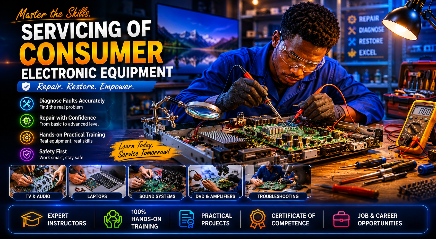 Study the working and Servicing of consumer electronic equipment